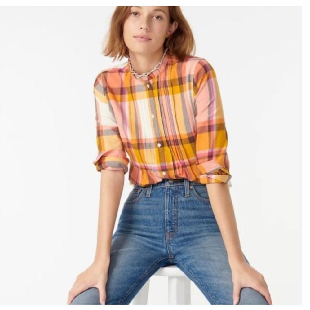 JCrew Womens Ruffleneck Tuxedo Flannel Shirt Size M Orange Plaid Preppy Spring